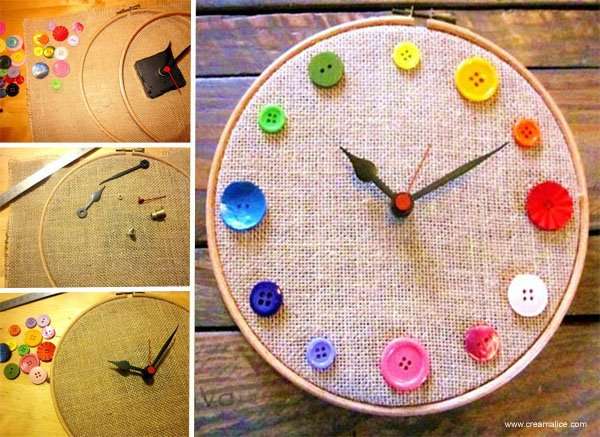 Une horloge avec de la toile de jute et des vieux boutons